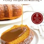 pumpkin cake with caramel sauce drizzled on top.