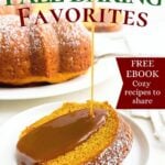 pumpkin cake with caramel sauce drizzled on top.