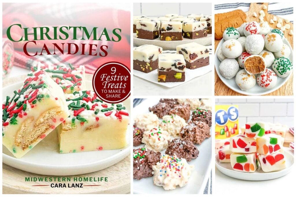 collage of Christmas candies recipe book cover and various candies.